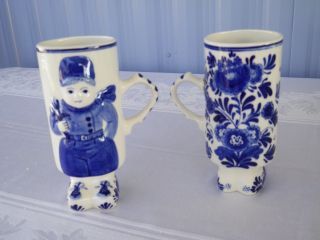 Vintage Delft Blue Boy Mugs - Set Of Two.  Handpainted,  Dutch Boy And Florals