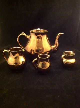 Vintage Set Of 4 English Copper Lustreware Tea Pot & Creamers Various Sizes