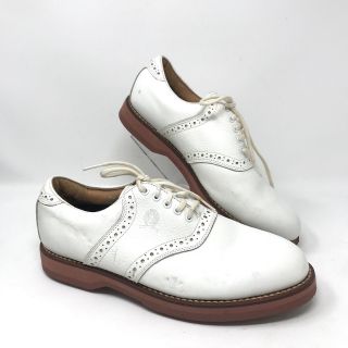 Tommy Hilfiger Mens 7 Golf Shoes Vintage White Leather Saddle Oxford Spikes Flag