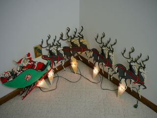 Vintage Santa Sleigh & Reindeer Christmas Yard Decor Outdoor Lighted W/ Stakes