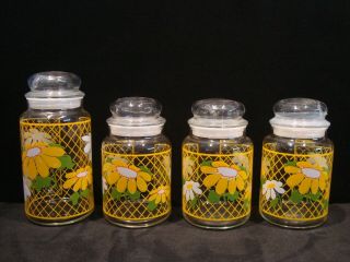 4 Piece Vintage Anchor Hocking Hildi Yellow White Flower Daisy Canister Jar Set
