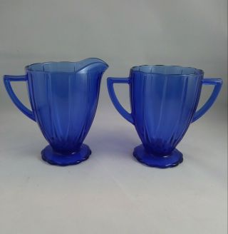 Vintage Hazel Atlas Cobalt Blue Glass Sugar Bowl And Creamer - Newport Hairpin
