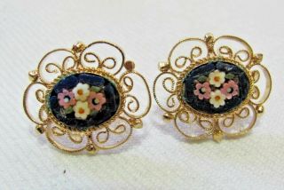 Vintage Micro Mosaic Pierced Earrings Navy Blue Background Signed Italy