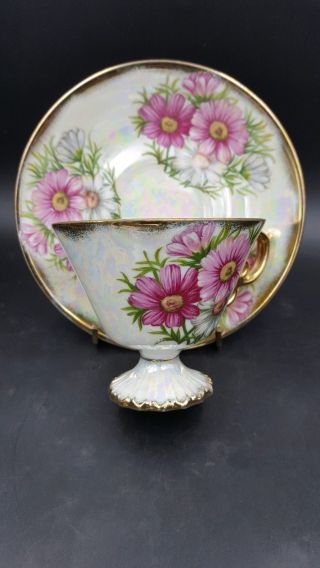 Vintage Ucagco Japan Iridescent Pink Floral Pedestal Tea Cup And Saucer Set