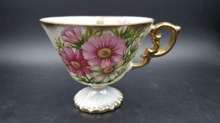 Vintage Ucagco Japan Iridescent Pink Floral Pedestal Tea Cup and Saucer Set 2