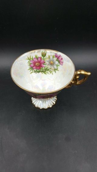 Vintage Ucagco Japan Iridescent Pink Floral Pedestal Tea Cup and Saucer Set 3