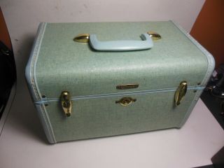 Vintage Samsonite Baby Blue Green Glitter Cosmetic Train Case Schwayder 4212