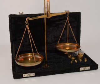Vintage Brass Balance Scale And Weights With Velvet Type Case