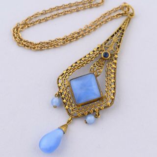 Vtg Art Deco Periwinkle Blue Glass Sapphire Star Filigree Pendant Necklace