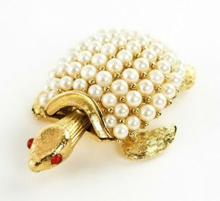 Vintage Crown Trifari Gold Turtle Pin Brooch Faux Pearls Red Rhinestone With Bag