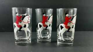 Libby Fox Hunt Tea Water Glasses Set Of 3 Horse And Rider Vintage Set