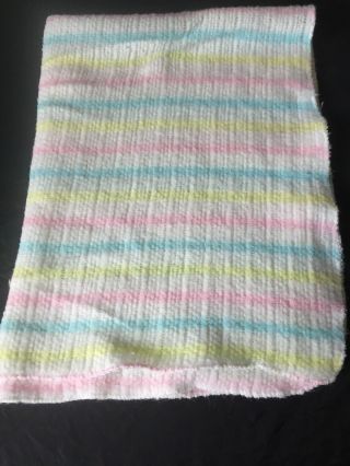Vintage Waffle Weave Thermal Acrylic Baby Blanket Pastel Stripes Blue Pink