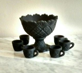 Mini Vintage Black Satin Fan And Feather Punch Bowl Set Nr