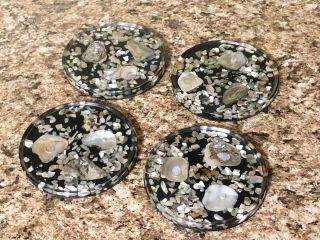 4 Piece Set 1960’s Abalone Shell & Resin Lucite Coasters Vintage