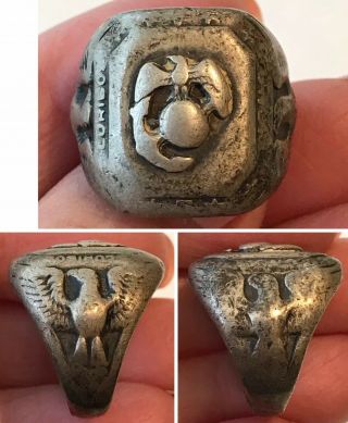 Vintage Wwi Or Wwii Us Marine Corps Sterling Eagle Globe Anchor Signet Ring Sz 6