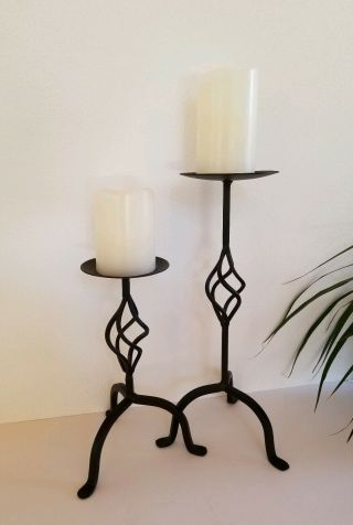 Vintage/mid - Century Twisted Wrought Iron Candle Holder Pair 11 " & 15 "