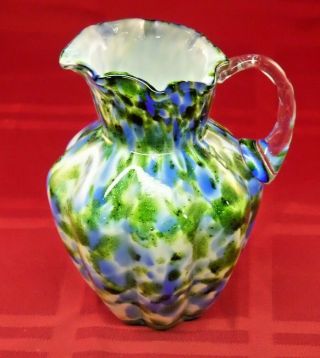 Vintage Fenton Art Glass Blue With Adventurine Green Cream Pitcher