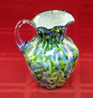 Vintage Fenton Art Glass Blue with Adventurine Green Cream Pitcher 3