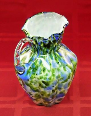 Vintage Fenton Art Glass Blue with Adventurine Green Cream Pitcher 4