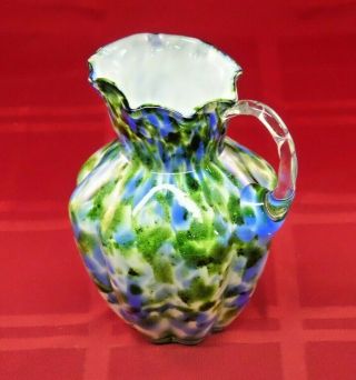 Vintage Fenton Art Glass Blue with Adventurine Green Cream Pitcher 6