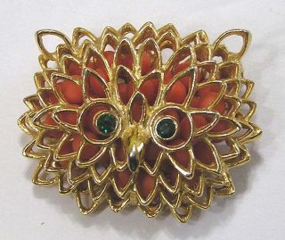Vintage Jewelry Kramer Signed Stylized Owl Brooch Orange Gold Wired