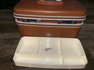Samsonite Train Case Vtg Box Travel Suitcase Luggage Brown Tray Key