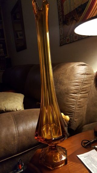 Vintage Viking Epic Glass Swung Vase Amber Ribbed Hexagon Footed Base 23 "