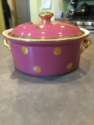 Vintage Hall Pottery Pink Gold Polka A Dot Handled Lid Casserole Dish Ovenware
