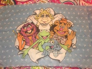 Kermit Ms Piggy Fozzy Bear Animal Gonzo Muppets Pillowcase 1990 Blue Vintage