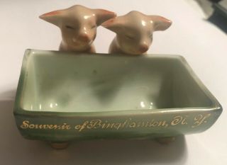 Vintage Fairing Pig And Trough,  Germany,  Souvenir Of Binghamton,  Ny