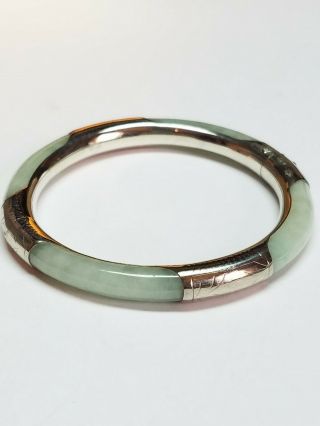 Vintage Chinese Celadon Jadeite Jade 925 Sterling Silver Wrapped Bangle Bracelet