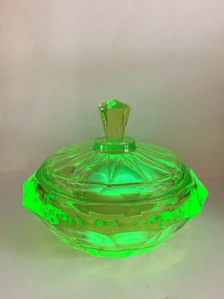 Vintage Green Vaseline Glass Covered Candy Dish