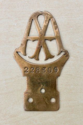Vintage C1906 - 1930 Solid Brass Aa Badge Member No 228309 Car Bonnet Or Grill
