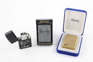 3 X Vintage Zippo Cigarette Lighters Inc.  Brass,  Boxed,  Matt Black Etc