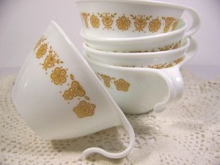 Corelle Golden Butterflys Flowers Cups Hook Handle Set Of 5 Vintage Retro