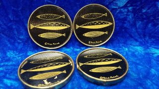 Fred Press Fish Coasters Set 4 Vintage Mid Century Mcm Atomic Black Gold Color