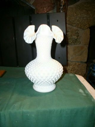 Vintage Fenton Milk Glass Hobnail Ruffled Large 11 " Vase Vrygd,