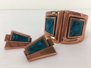 Vtg Mid Century Modern Matisse Renoir Cuff Bracelet & Earring Set Copper Enamel