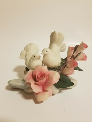 Vintage Capodimonte Dove Love Birds - Pink Roses Made In Italy