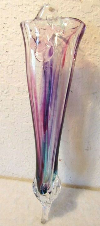 Vintage Hand Blown Wall Vase Signed Lisa R.  Rowe Glass 1/99 Purple Pink Multi