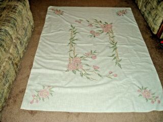 Vintage Hand Done Embroidered Linen Table Cloth,  70 " X 50 "