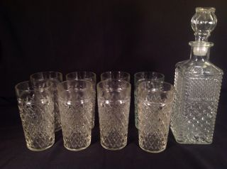 Vintage Whiskey Decanter And 8 Tall Glasses