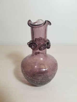 Vintage Purple Amethyst Crackle Glass Small Bud Vase Applied Decorative Trim