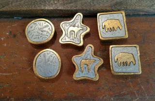 Unique Vintage Native American Mixed Metals Button Covers Set Cave Art Drawings