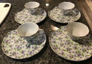 Vintage Lefton China Violet Chintz 8 " Snack Plate & Cups Discontinued Set Of 4