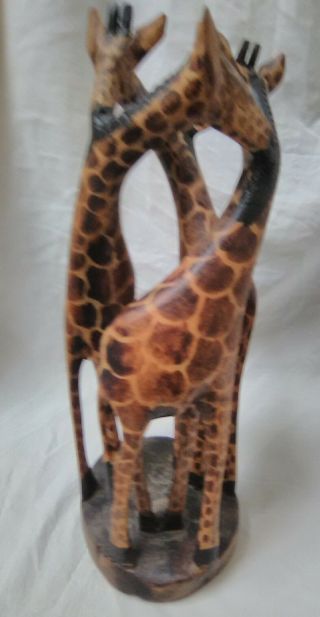 13 " Handmade Wood Wooden Carved 3 Giraffes Statue Figurine Animals Vintage