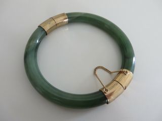 Vintage Real Green Jade & Gold Tone Hinged Bangle / Bracelet