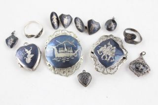10 X Vintage Siam Silver Jewellery Inc.  Locket,  Cufflinks,  Rings,  Brooch (58g)