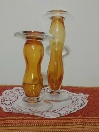 Set Of 2 Amber Blenko Pillar Candle Holder Vintage Art Glass
