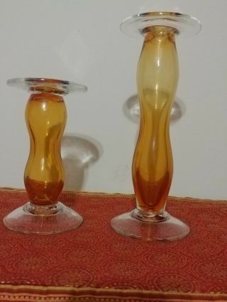 Set of 2 Amber Blenko pillar Candle Holder Vintage Art Glass 2